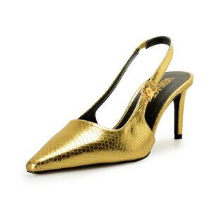 Versace Women's Gold Snake Print Leather Heeled Slingback Pumps Shoes US 9 IT 39